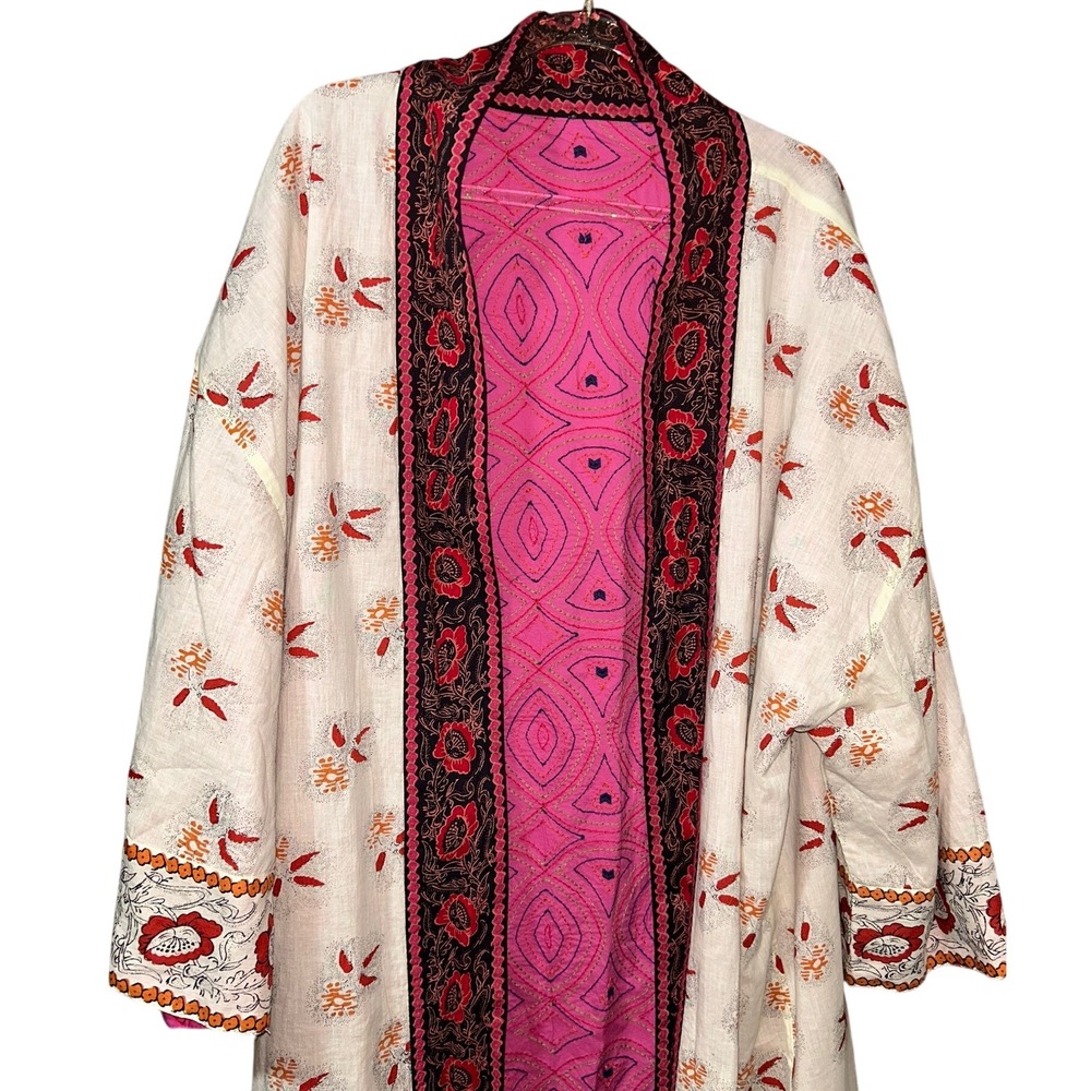 J.Jill Pure Jill Womens Kimono Robe XS/S Floral Block Print Duster Pink Cream - Picture 3 of 6